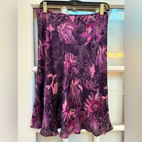 Ann Taylor | Purple Floral 100% Silk A-Line Pink Lined Skirt Size 4 Small S - Picture 1 of 10